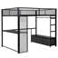 Lit mezzanine de jeu noir en métal pleine grandeur avec rangement à DEL, bureau, garde-robe ouverte et 3 tiroirs en lin - garde-robe à DEL multicolore, rangement compact, rangement généreux, assemblage facile