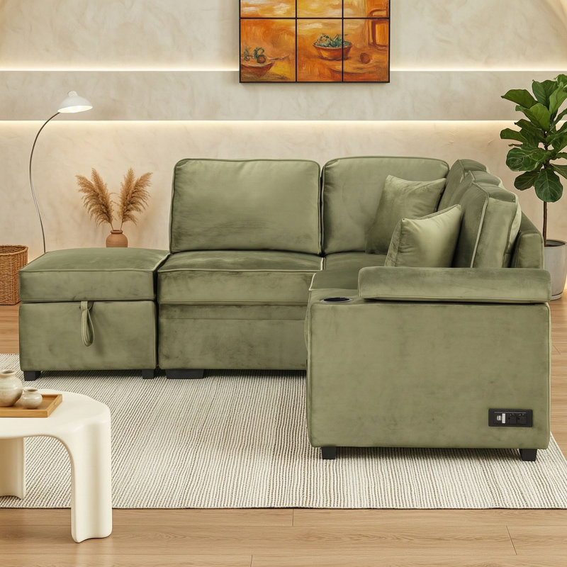 Canapé-lit gigogne 4 places en forme de L avec pouf de rangement, siège en mousse et ressorts ensachés pour salon, Vert