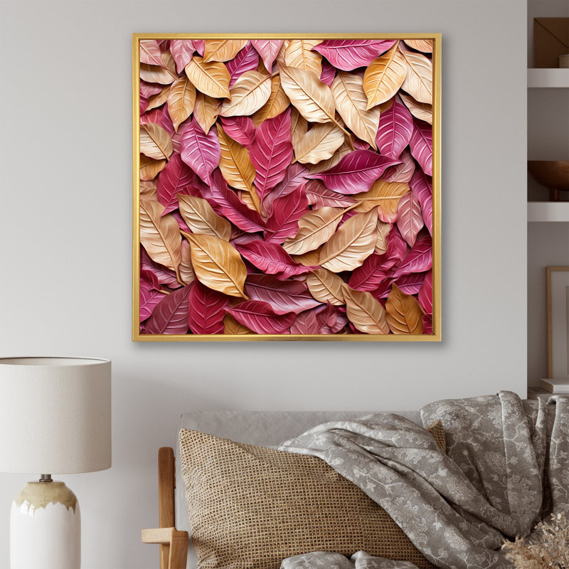 Or et feuilles roses, charme artistique II, Cadre flottant doré, H 16 po x l 16 po x P 1 po