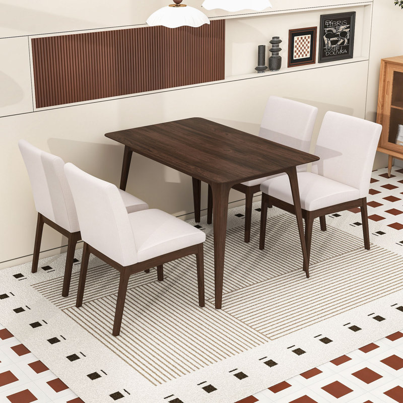 5Pcs Dining Table Set with Rectangular Table and 4 Upholstered Chairs, Light Beige