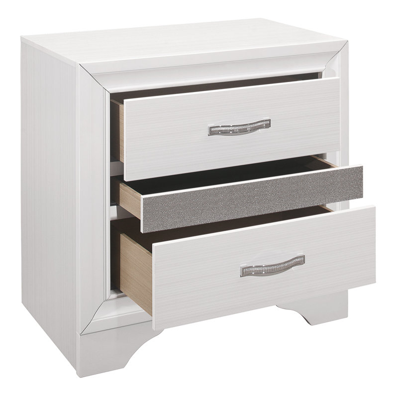 Table de chevet 3 chambres blanche avec accents de paillettes argentées modernes - blanc, devant, doublé de feutre