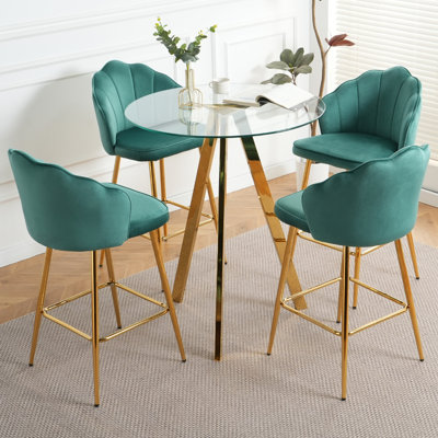 Elegant Velvet Bar Seat With Gold- Legs And Glass Counter, Ergonomic, Water-repellent, 250-pound Limit Chairs Table Leg Supports Tempered Glass, Waterproof, Load Capacity