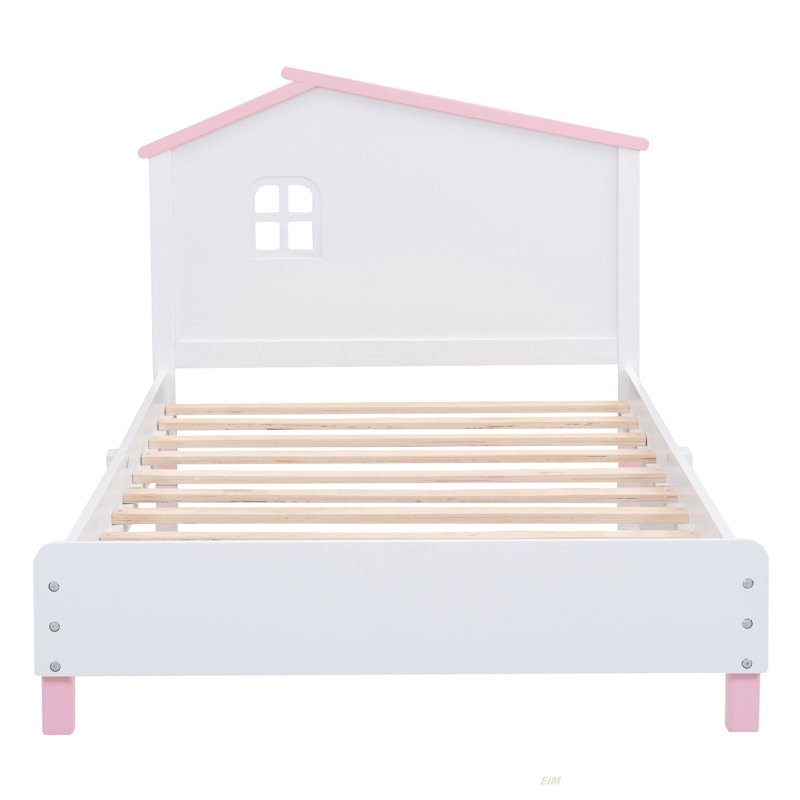 Lit plateforme en bois avec tête de lit en forme de maison (lit), Lit simple, Blanc / Rose
