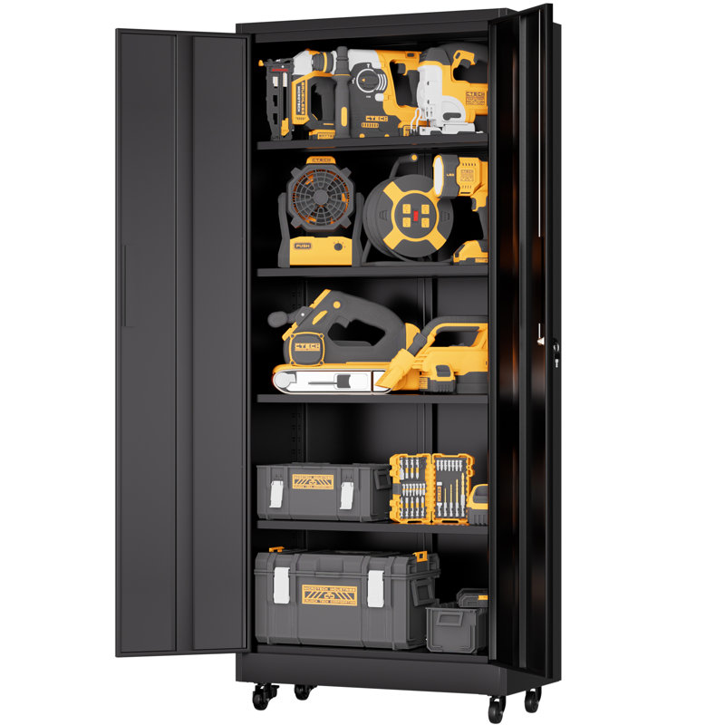 Armoire de rangement de garage avec roulettes et serrure, armoire en métal robuste de 71 pouces, 4 tablettes réglables (180 lb chacune), sécurité verrouillable à 3 points, pour l'organisation d'outils dans le garage, atelier, bureau