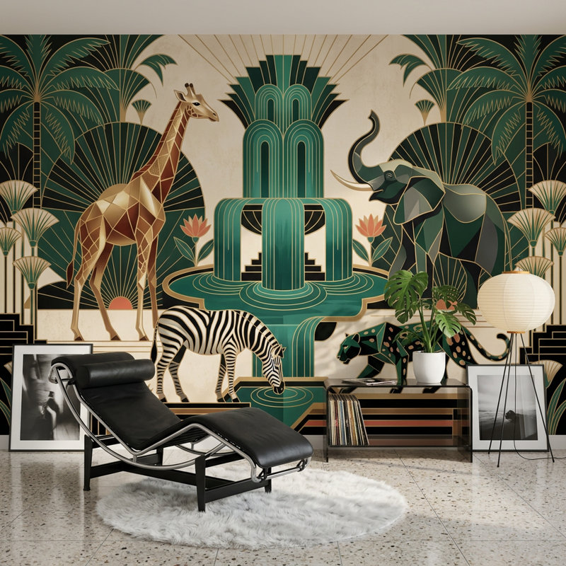 Papier peint Art déco géométrique à motifs d'animaux de safari, 100"x96", Peel and Stick