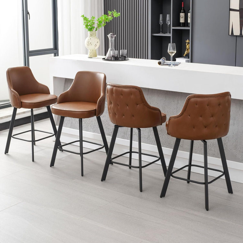 Tabouret de comptoir pivotant rembourré en cuir avec dossier haut (ensemble de 4), Brun, 4