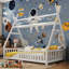 Lit simple à plancher bas avec lumière, clôture et toit pour enfants, blanc-839809101-839809100