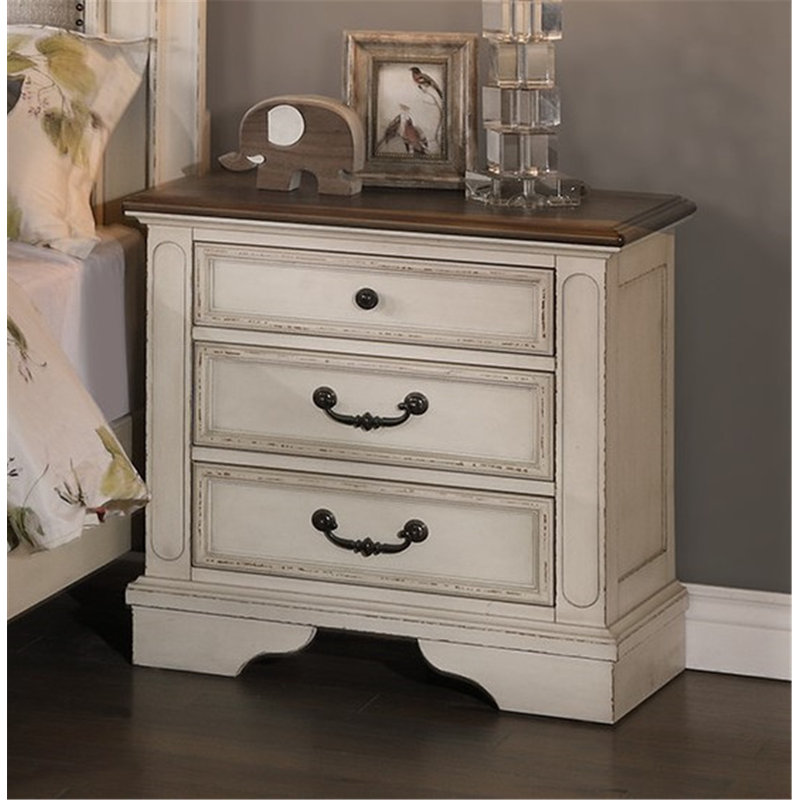 Antique White 3-Drawer Wooden Nightstand with Dark Top