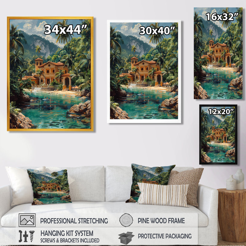 «Blue Green Tropical Paradise Hotel», reproduction d'art mural, H 30 po x l 40 po, Cadre simple noir