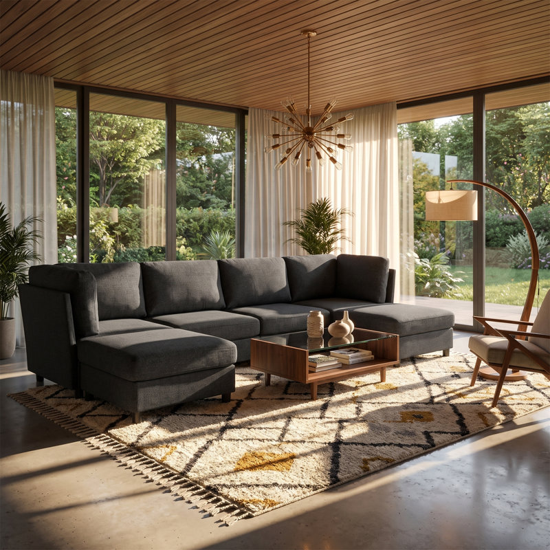 Canapé modulaire, librement modulaire et configurable, tissu en polyester avec structure en panneau de fibres à densité moyenne, style Mid-Century moderne, gris