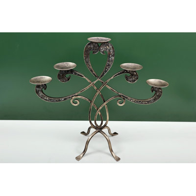 22" Hand-Forged Iron Candelabra Centerpiece – Sculptural Blacksmith-Style Candle Holder