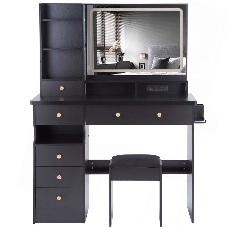 Ensemble de meuble-lavabo de 41 po avec commode gauche de grande taille + commode avec tabouret rembourré, 2 centrales électriques + 2 USB, support pour sèche-cheveux, très grand miroir à DEL tactile, interrupteur à 3 couleurs