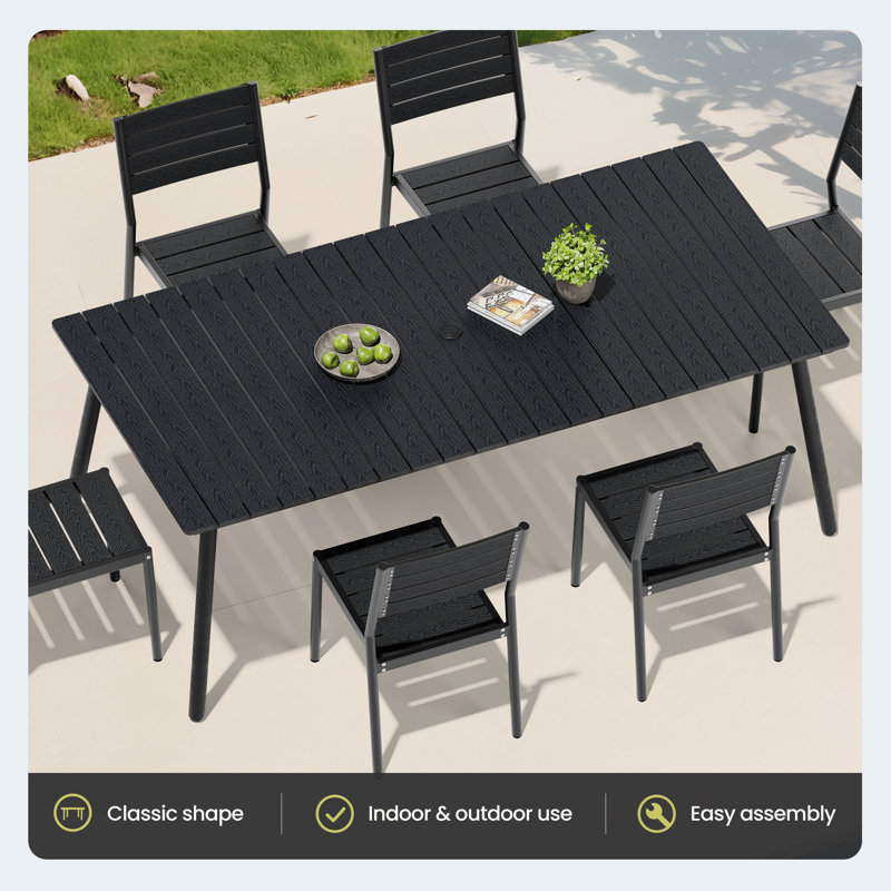 6-Person Aluminum Outdoor Dining Set With Umbrella Hole And Stackable Chairs, Black