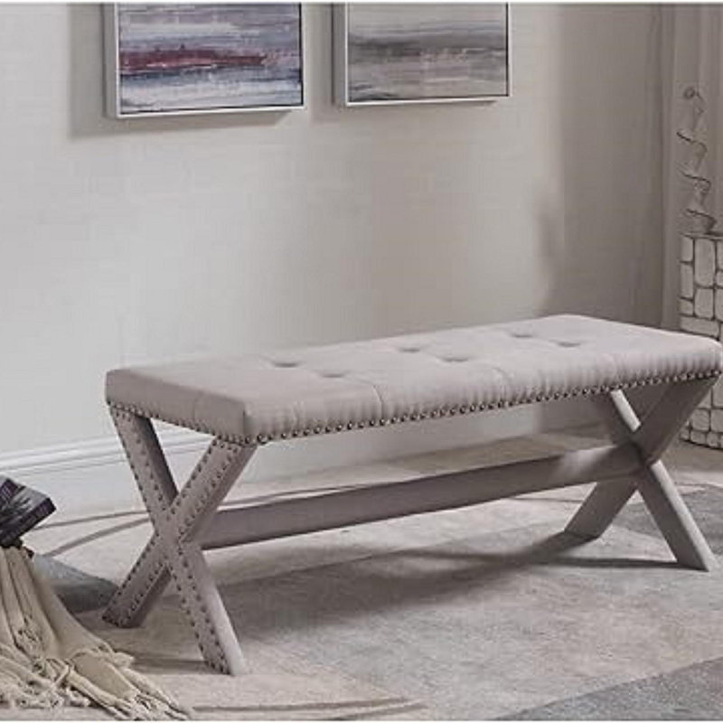 Banc décoratif Glam avec garniture cloutée, siège capitonné, banc latéral rembourré pour chambre à coucher, salon et entrée, gris