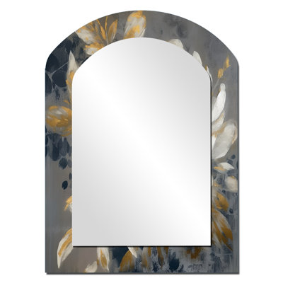 Emotion of White Gold Peony Flower II - miroir asymétrique pivoines, miroir mural unique à arche blanche, impression sur métal