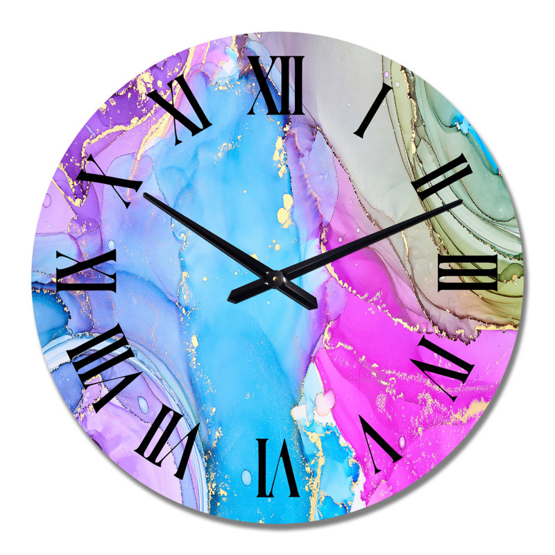 Turquoise et rose, art abstrait fluide de luxe - horloge murale moderne, Grand