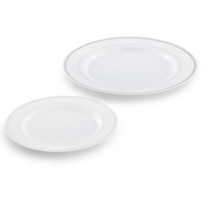  350 Piece Disposable Plastic Dinnerware Party Set for 50 Guests in White with Silver Trim