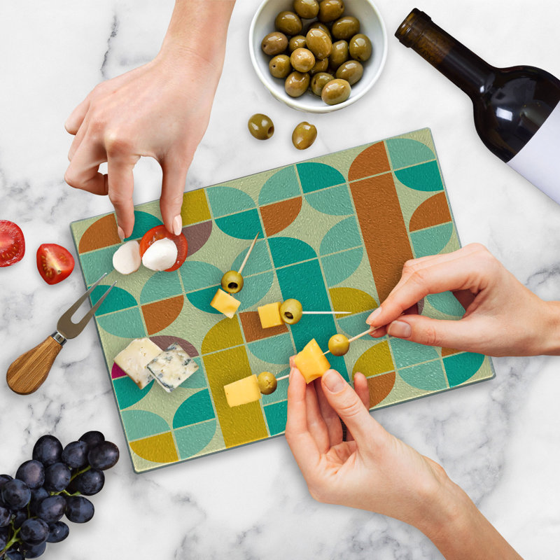 Ambesonne Retro Tempered Glass Cutting Board Funky Mosaic Forms Multicolor