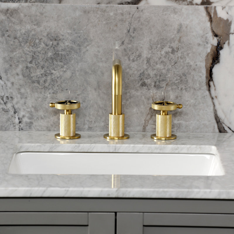 Kingston Brass Levante Two-Handle 3-Hole Deck Mount Widespread Bathroom Faucet With Push Pop-Up Drain, Brushed Brass