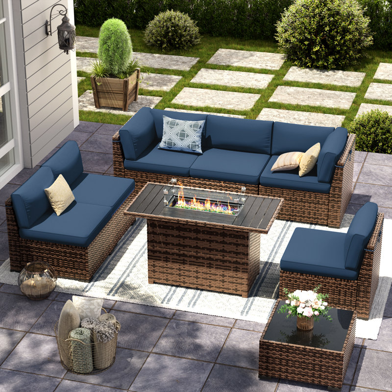 Bhairavi Wicker - Person Modular Patio Conversation Set with Cushions, 6, Orange
