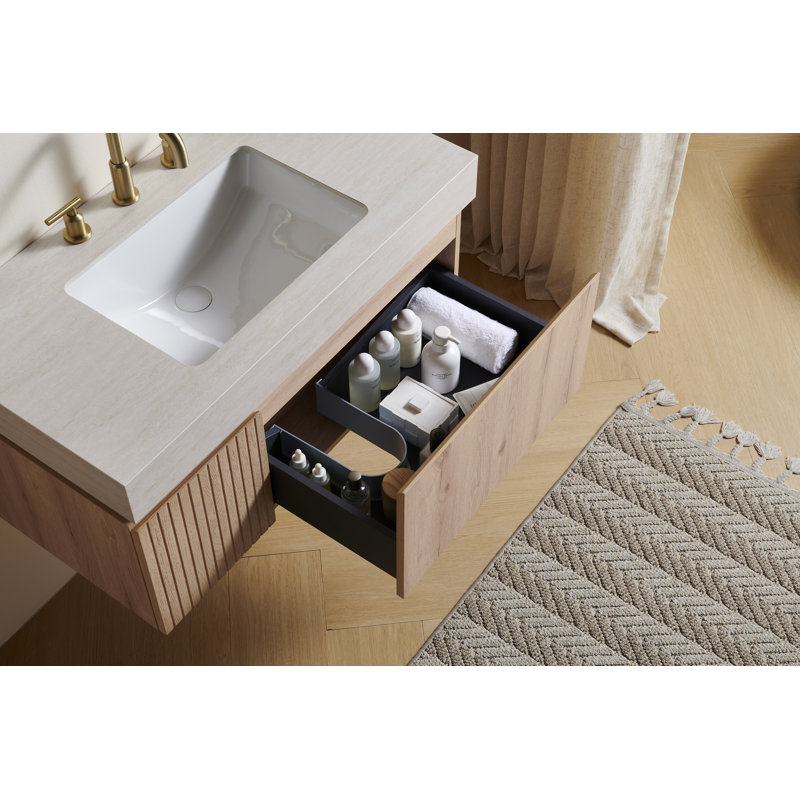 Meuble-lavabo mural 36 po avec comptoir en pierre frittée et lavabo encastré en céramique Muri, Chêne blanc, Beige, 36"