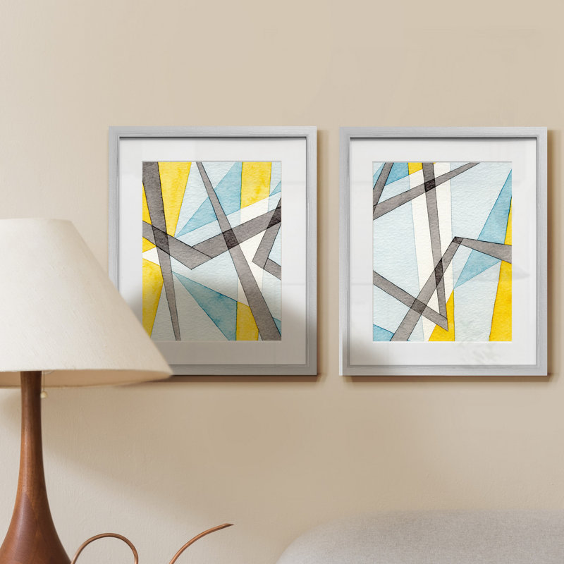 « Angles conversifs I », ensemble de 2 reproductions d’art graphique encadrées sur papier, Encadrement argenté