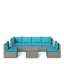 Ensemble de patio 7 pièces en osier gris avec coussins amovibles bleu clair et table basse en verre pour l'extérieur, la piscine et la cour
