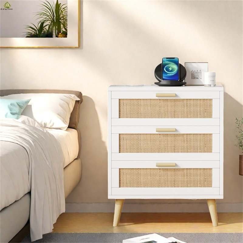 Table de chevet en rotin avec station de charge - table de chevet Boho avec 3 grands tiroirs, Blanc/naturel