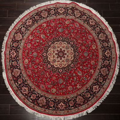 Tapis rond rond en laine et soie rouge noué à la main 6 pi 4 po x 6 pi 4 po Tabriz