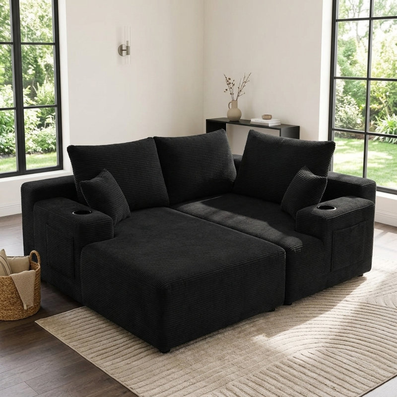 Canapé d'angle moderne Cloud de 155 cm de large avec double méridienne, assise profonde et revêtement en velours côtelé. Aucun assemblage requis.