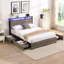 Lit double avec options de rangement - oreillers, draps. Métal et bois, tête de lit à cadre pratique gris antique, tiroirs, étable, lumières à DEL,-2012756611