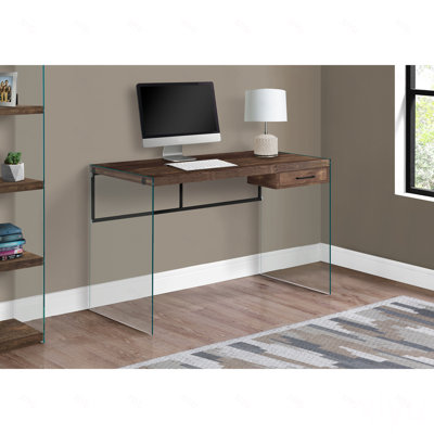 Bureau d'ordinateur, bureau personnel, ordinateur portable, tiroirs de rangement, l 48 po, bureau, stratifié brun, verre trempé transparent