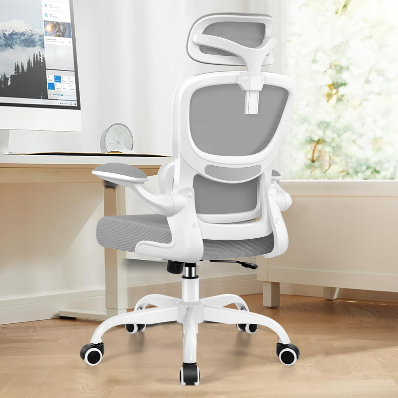 Lidwien Ergonomic Breathable Mesh Office Chair with Adjustable Headrest and Flip-Up Arms, White/LightGray