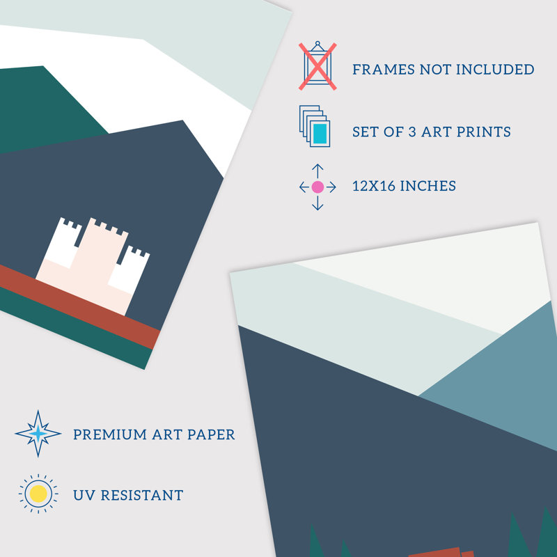 Geometric Bold Scottish Mountain Countryside House Castle Landscape - 3 Piece No Frame Print Set, Multicoloured Green