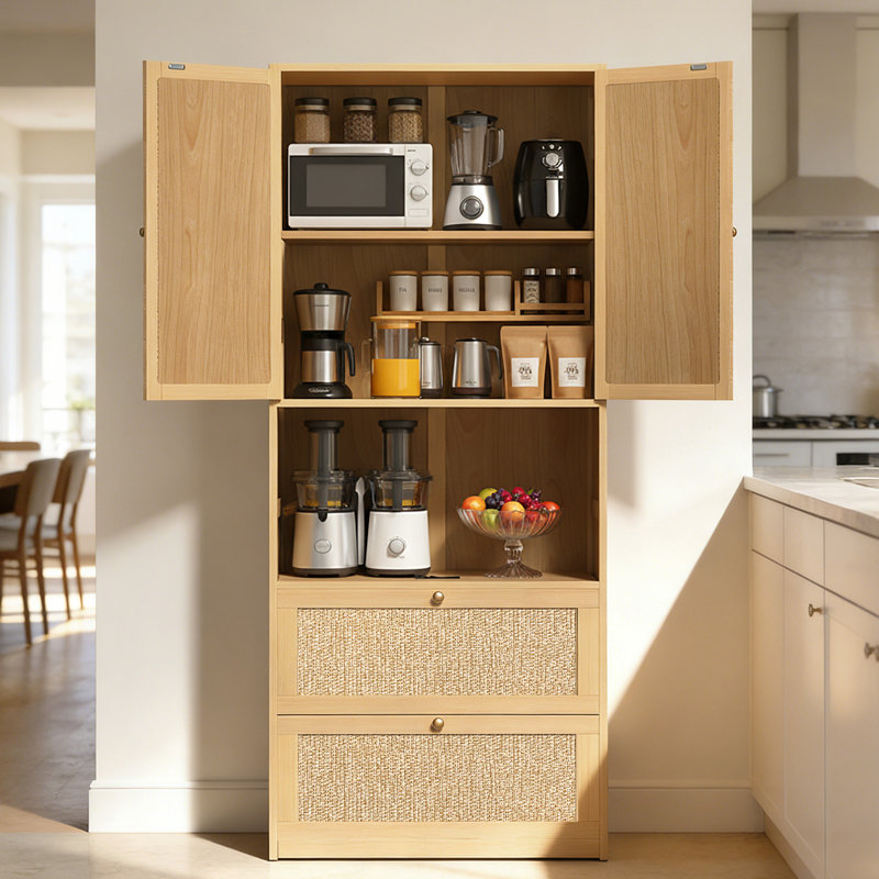 Armoire de cuisine en bois de 72 po H 72 po - Rangement pour garde-manger en rotin avec port USB, fermeture en douceur et tablette ajustable en hauteur, pour le vestibule ou la salle à manger, naturel