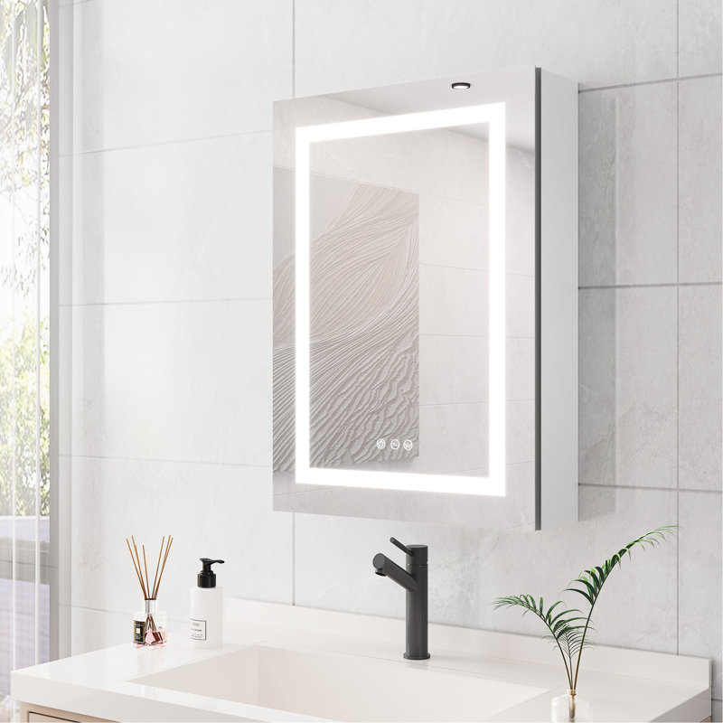 Armoire de salle de bain à miroir 20 po x 28 po à fixation murale. Brouillard, imperméable, à intensité variable. 3000k ~ 6000k, interrupteur tactile, porte simple, tablette de rangement à intensité variable, 3000k 6000k, thermolaqué