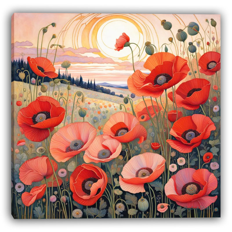 «Golden Bloom Horizon - Radiant Red Poppies», art mural sur toile