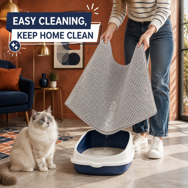 This ultra-absorbent 28 x 22 in soft chenille litter box mat uses long plush chenille for deep trapping, while a waterproof TPR anti-slip backing helps manage moisture; the mat absorbs moisture and is machine washable.