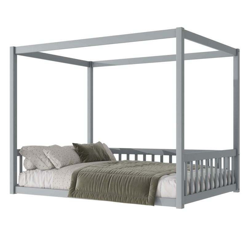 Full Size Canopy Frame Rubber Wood Floor Bed with Fence,Guardrails, Grey