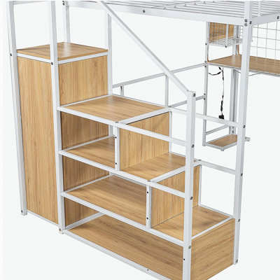 Metal Loft Bed with Built-in Workstation, Closet, Storage Stairs, and LED Lighting