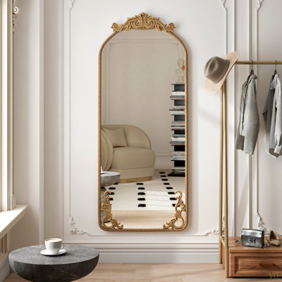 Miroir de 58 po x 24 po arqué avec applique murale rétro sculptée en haut et en bas, miroir mural suspendu, pour le salon, la chambre à coucher, le miroir rétro