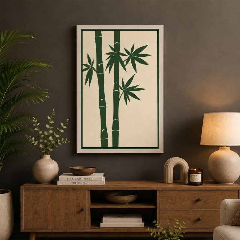 Bamboo Study Japandi - Wrapped Canvas, 36x24 - 91.4 x 61.0 cm, Teal Border