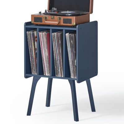 Record Player Stand,Vinyl Record Storage Table With 4 Cabinet Up To 100 Albums,Mid-Century Modern Turntable Stand With Wood Legs,Blue Vinyl Holder Display Shelf For Bedroom Living Room