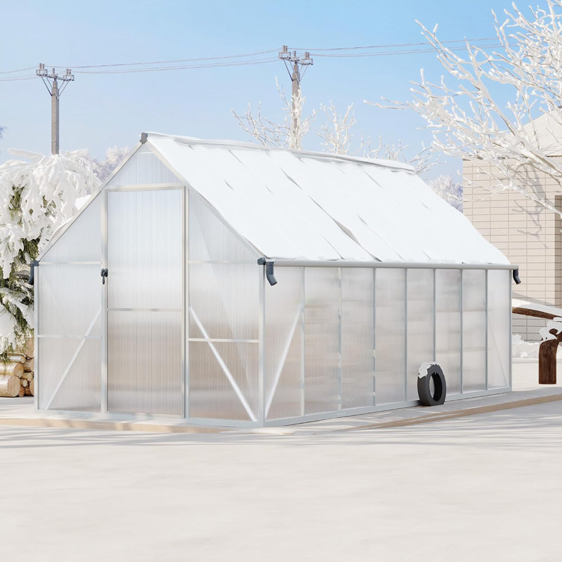 Polycarbonate Walk-In Greenhouse for Outdoors, Quick-Setup Garden Greenhouse with Roof Vent and Ventilation, Silver