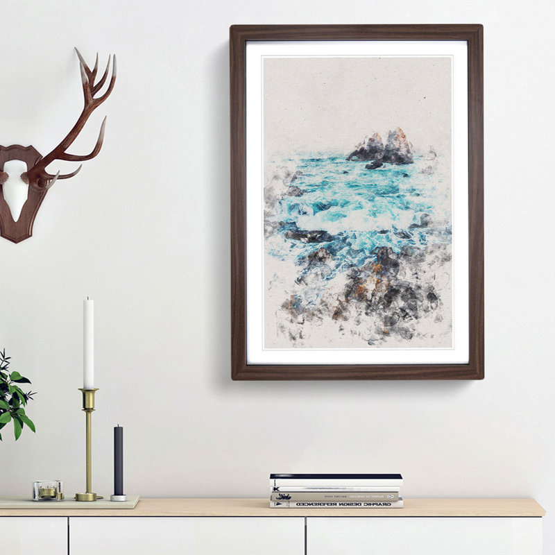 The Ocean Against The Rock - Painting, Walnut Single Picture Frame Wood, 33cm H x 24cm W x 2cm D