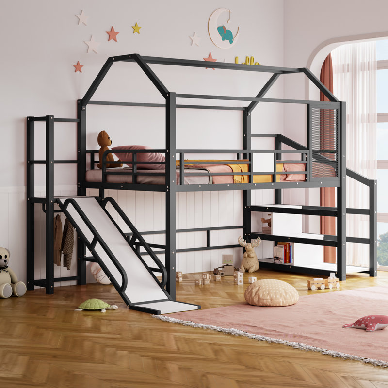 Lit mezzanine avec glissade et escalier House, lit en métal avec tablettes de rangement, conception silencieuse et garde-corps complets