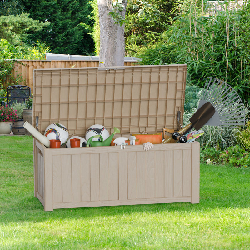Light Brown Lockable Plastic Wicker Deck Box 120 Gallons
