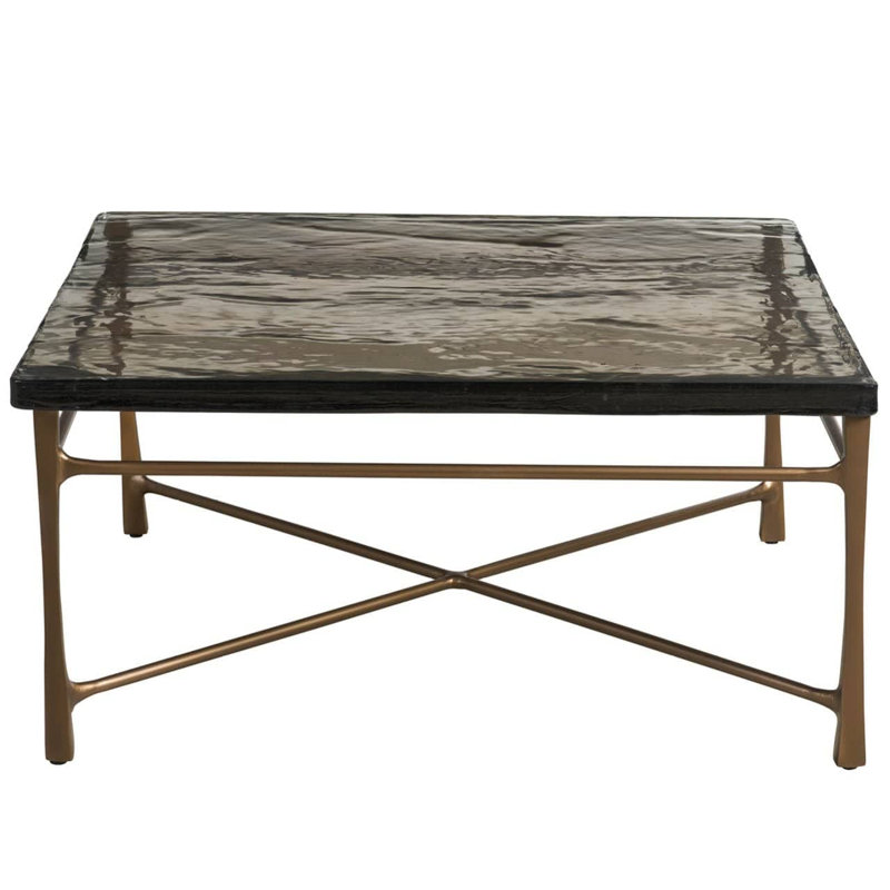 Modern Cirrus 36" Square Cast Glass Top Antique Brass Aluminum Base Cocktail Table