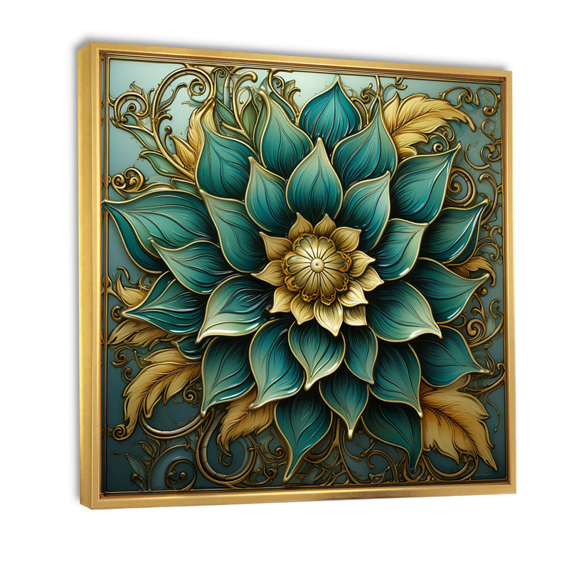 Mandala de fleur antique antique en sarcelle rétro - Boho Mandala, art mural sur toile, H 24 po x l 24 po x P 1 po