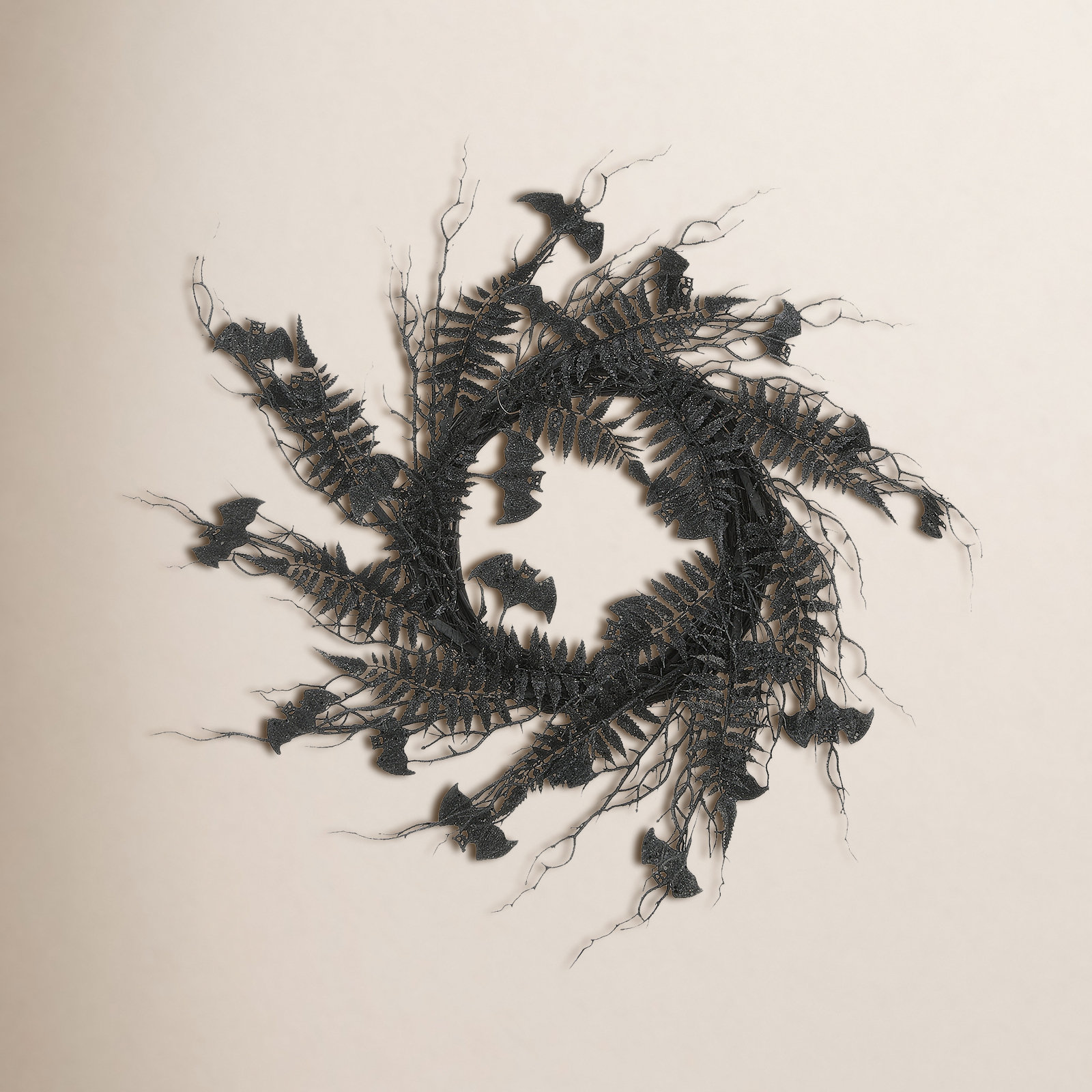 24" Halloween Black Fern and Bats Wreath